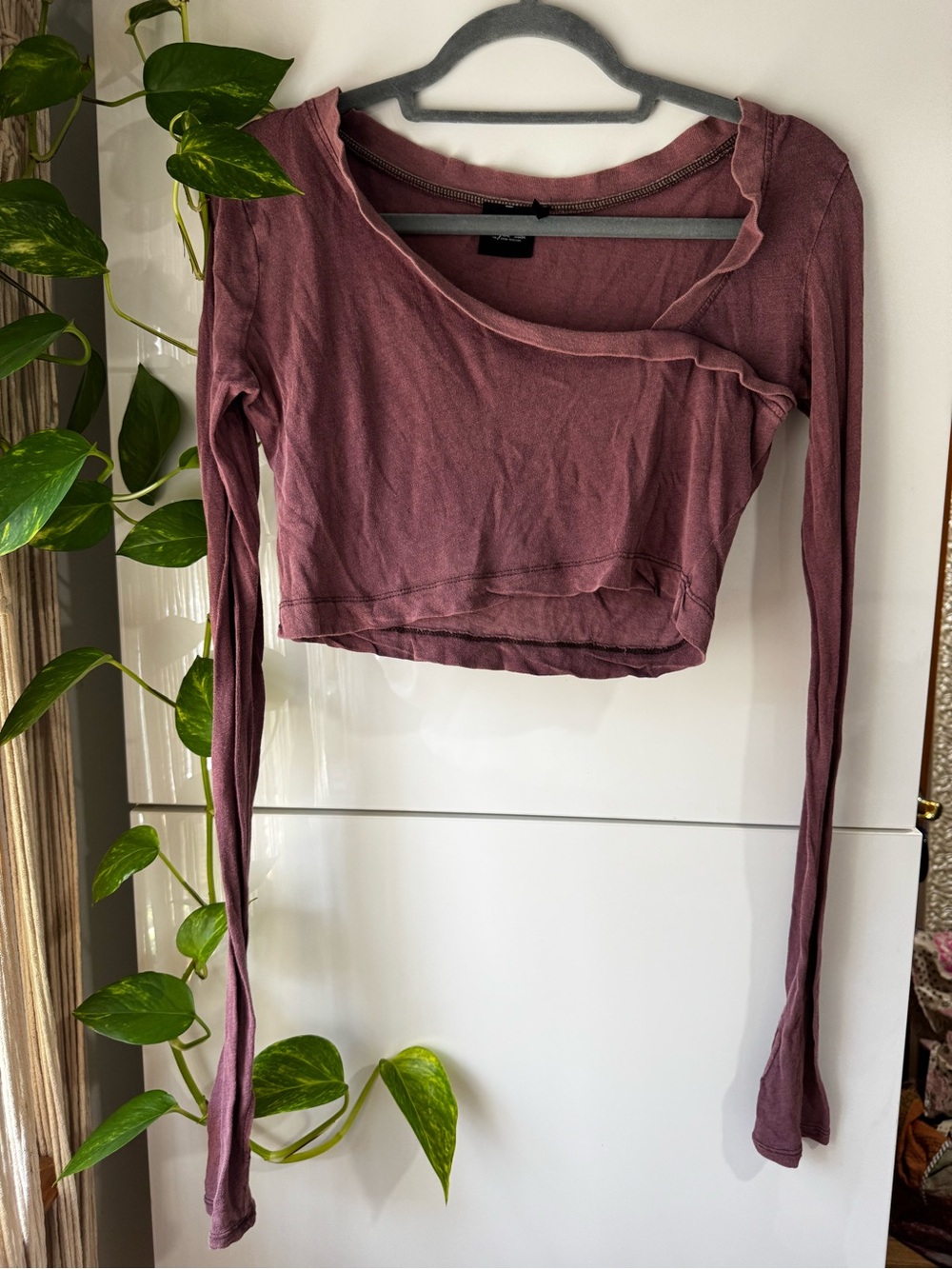 Urban Outfitters Maroon Cropped Long-Sleeve Wrap Top